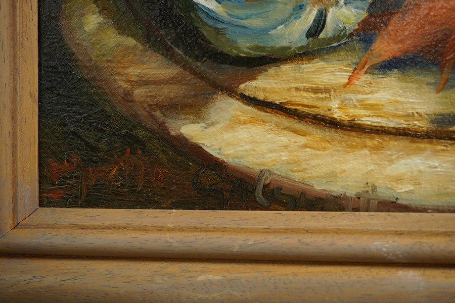 Yvette Galsworthy (20th. C), pair of oils on canvas, Still lifes, comprising 'Pigeon pie' and one other, each signed, 28 x 39cm. Condition - good